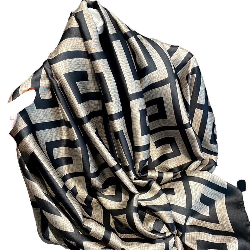 2025 Luxury Designer Brand Satin Silk Scarf 180*90cm Long Shawl with  Jacquard Plaid Pattern Wholesale for Women Summer