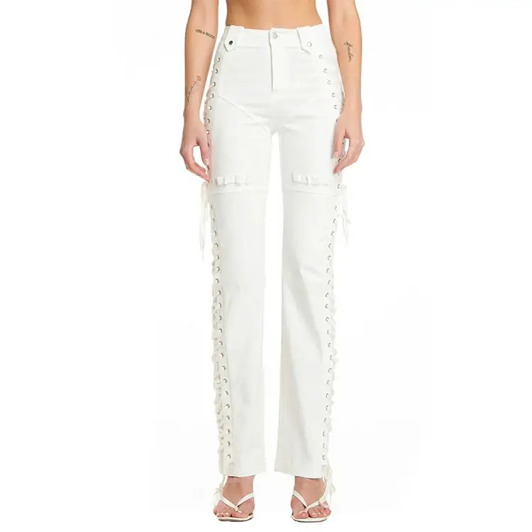 Pants Women Straight Leg White Side 