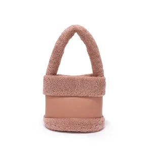 Fashion Lamb Wool Women Bucket Bags Luxury Soft Simple Candy Color Women Plush Handbags