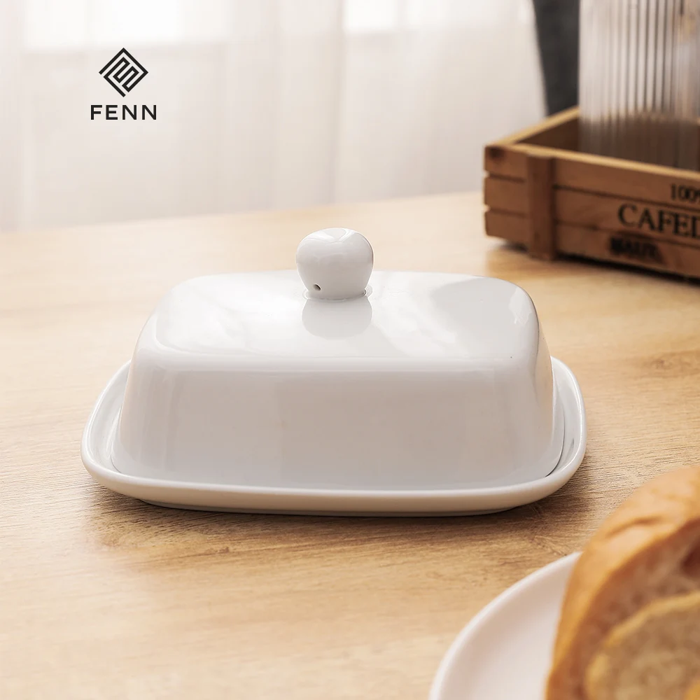 FENN Modern Style Cheese Storage Rectangular Shape White Ceramic Mantequillero Butter Container Butter Dish Custom With Lid