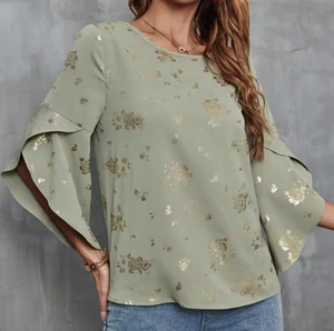 Women's Solid Color Bronzing Flared Sleeve Chiffon Top Female Tops and Blouses Chiffon Tops and Blouses