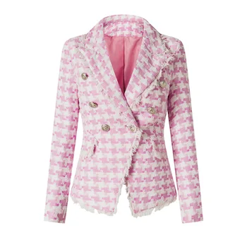 Quality Pink Plaid Tassel Women Tweed Blazer Chic Design Street Wear Slim Female Jackets