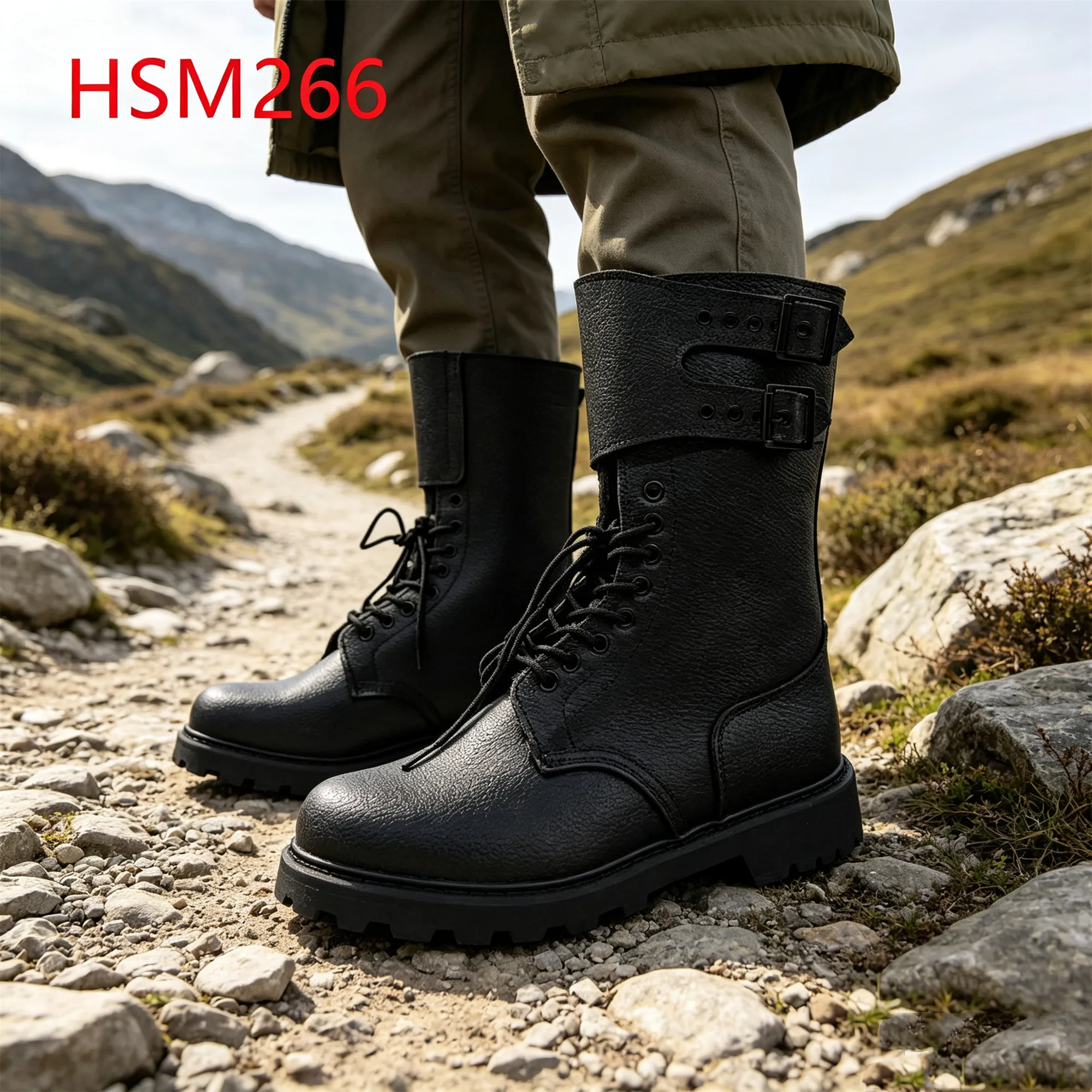 ZYF,1.8-2.0 Top End Embossed Leather Hua Singh Combat Boots Anti-moist Goodyear Rubber Sole Tactical Boots with Buckle HSM266