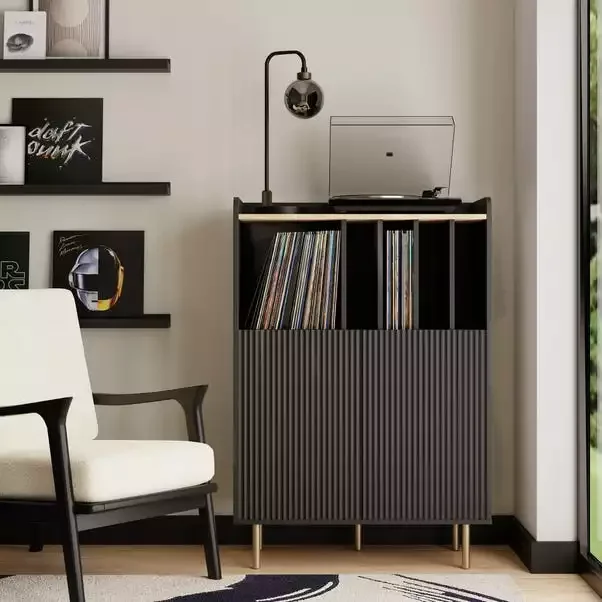 Vinyl Cabinet with Fluted Doors Vinyl Record Storage Cabinet with Metal Legs for Living Room,Bedroom,Office Record Player Stand