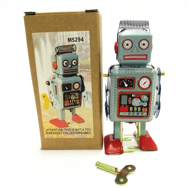 Set of 2pcs Retro Wind Up Drummer Robot Walking w/Key Tin Gadget Toy Gift 