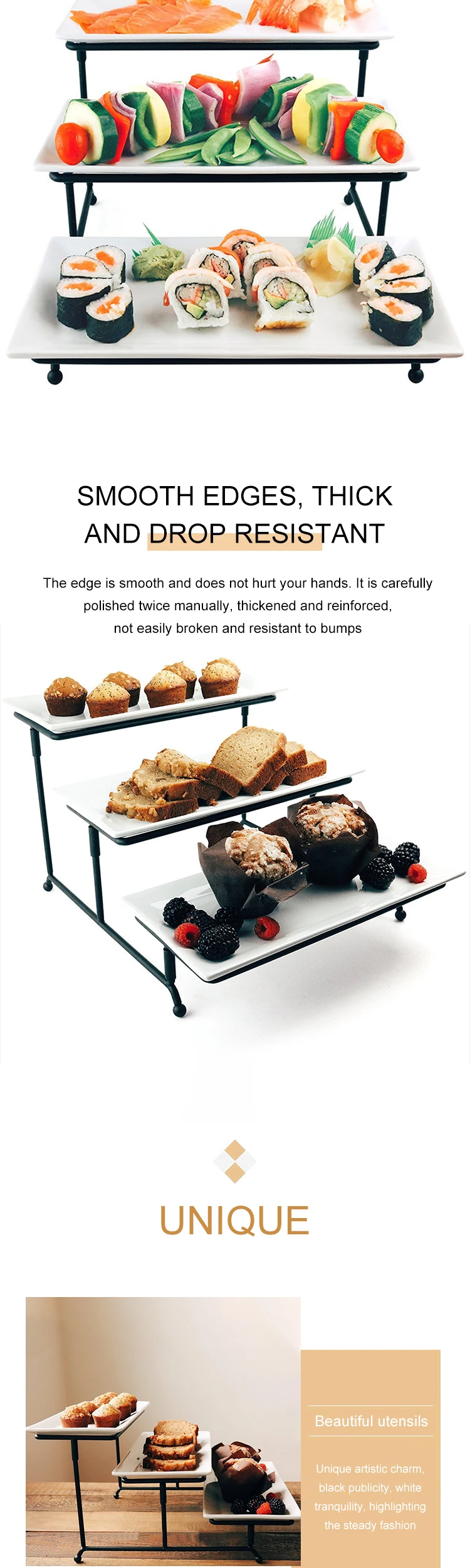 Unicasa Restaurant Custom 3 Tier Dish Rectangular White Serving Dishes