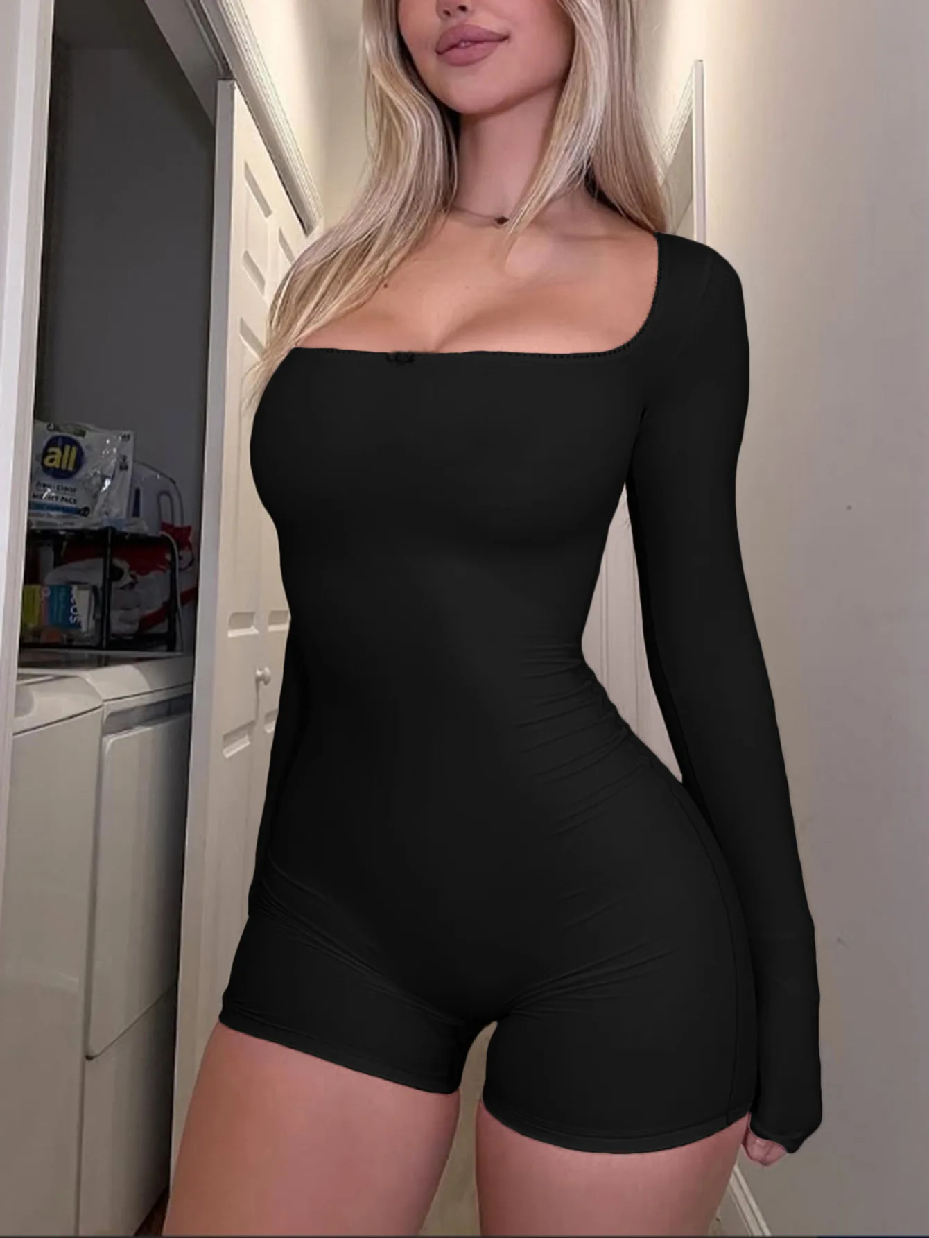 Womens Solid Long Sleeve Yoga Romper Scoop Neck Polyester One Piece Four-Way Stretch Breathable Activewear — detail