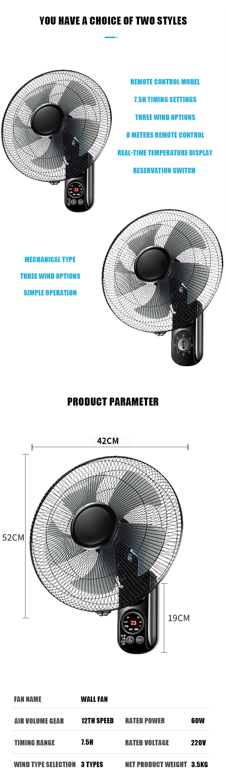 Wall Mounted Fan, 60W, 220V, Electric - detail 2