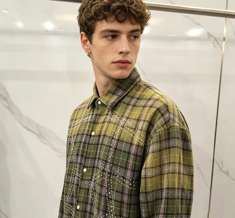 Custom 100% Cotton Flannel Plaid Vintage Men's Flannel Shirt Long Sleeve Logo Streetwear Rhinestone 3D Pattern Casual Shirts
