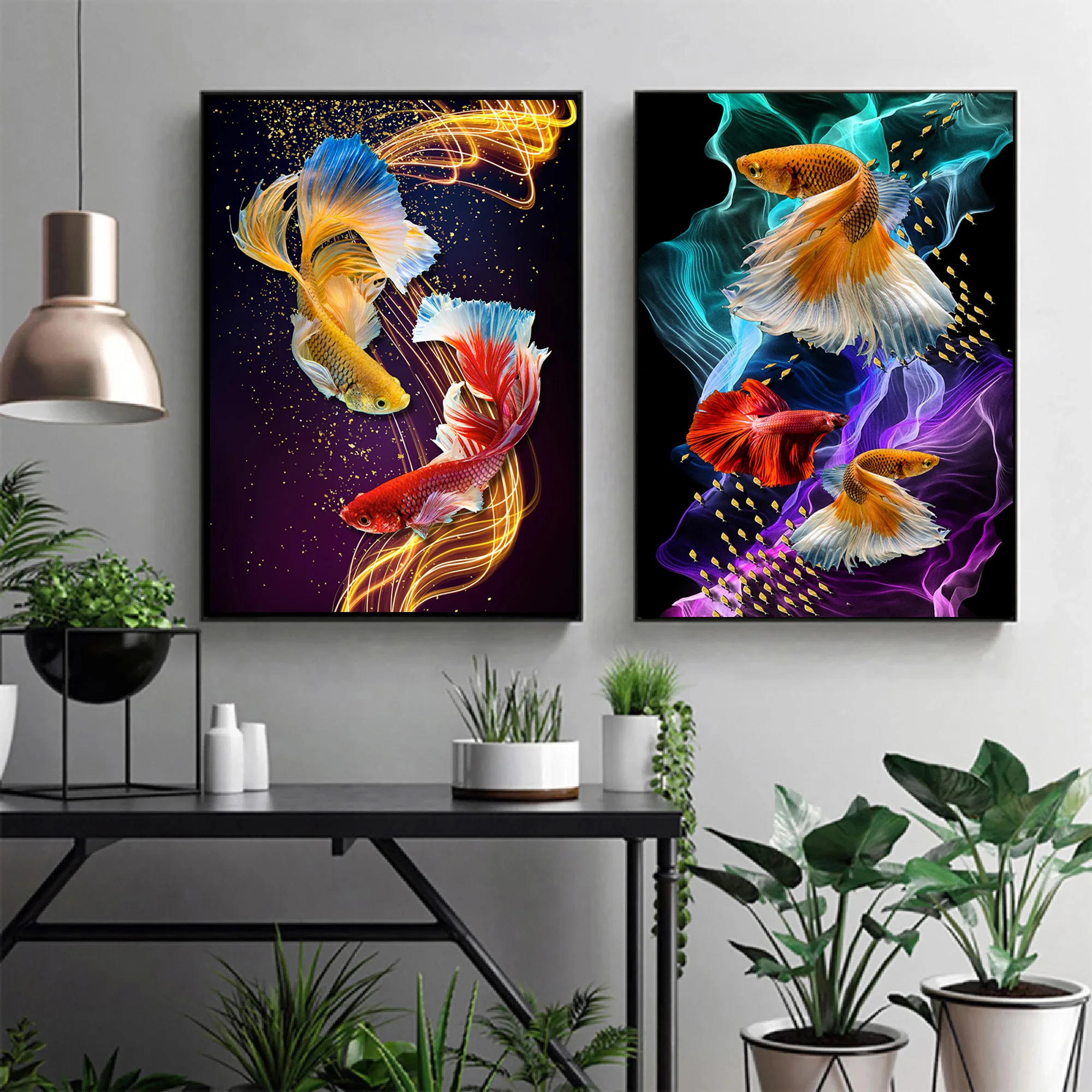Abstract HD Luxury Gold Fish With Sequins Artwork Wall Picturess for Home Decor Cuadros Living Room Decoration Canvas Painting