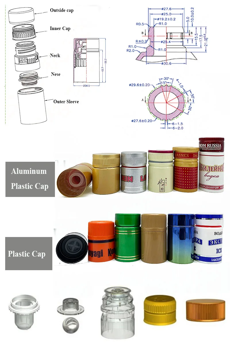 Wholesale and Customize Non Refillable Pilfer Proof Tapa Guala Cap for Whisky Vodka Screw Thread Plastic Aluminum Cap