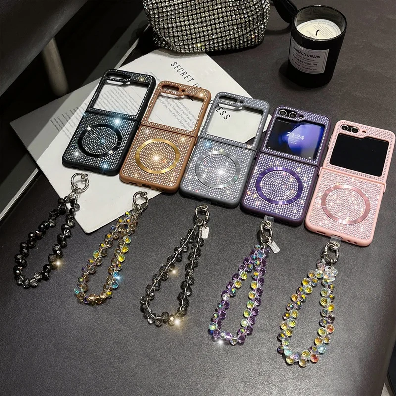 Phone Cover With Magnetic For Samsung Z Flip 6/5/4/3 Luxury Bling Glitter Diamond Hard Pc Wrist Chain Case