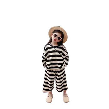 Baby Girls Clothing Sets Casual Loose Black White Striped Sweatshirt Nine-point Wide-leg Sweatpants Baby Suit