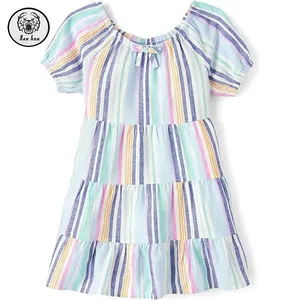Girls' Toddler Puff Short Sleeve Floral Printing Dress Elasticized Scoop Neck Square Collar Zipper Draped Dress for Summer