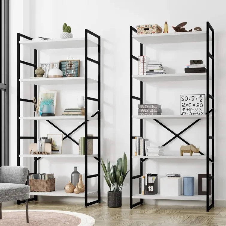 Rustic Large Open Metal Framed Bookshelf Tall Free Combination Office Bookcase Book Shelf Cabinet Rack Wood Wall Bookshelves
