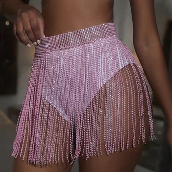 Black Shiny Full Rhinestones Mini Skirts Long Tassel Crystal Diamonds Patchwork Sexy Women Club Rave Festival Slim Skirt Fashion