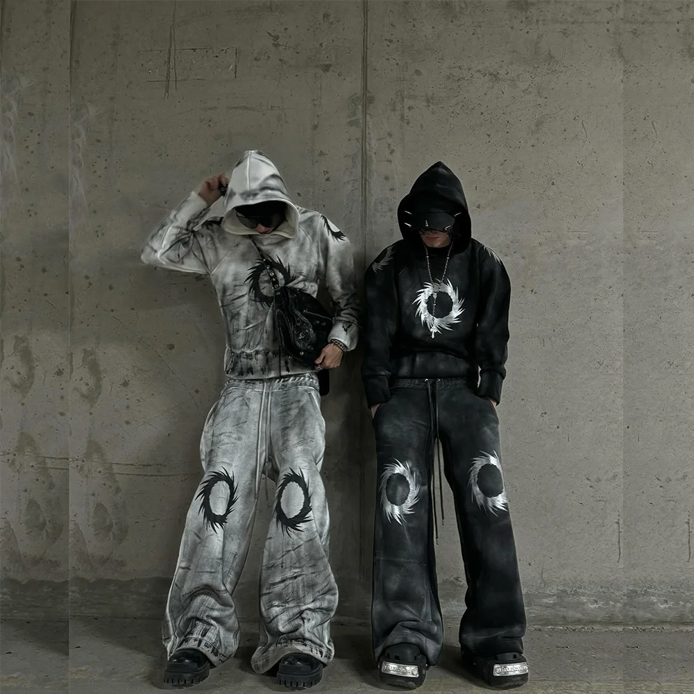 Custom Streetwear Heavy 500g Hoodie Sweatpants Tracksuit Graphic Print  Vintage Sweatsuit Dirty Wash Oversized Jogger Sets Men