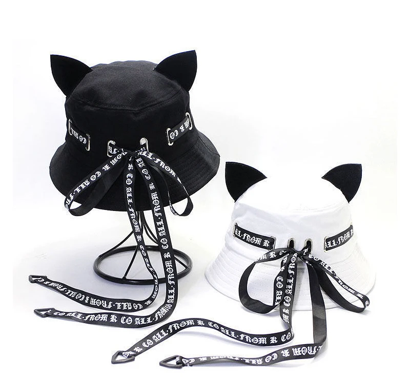 Korean Fashion Alphabet Long Silk Ribbon Sunscreen Bucket Hats with Cat Ears Foldable Cotton Fisherman Cap