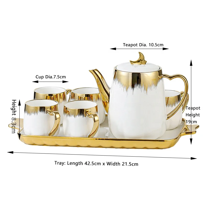 For 6 Person Use Creative Electroplate Art Decor Wholesale Ceramic Tea Cup Set with Gift Box 6 Cups 1 Teapot and Serving Tray