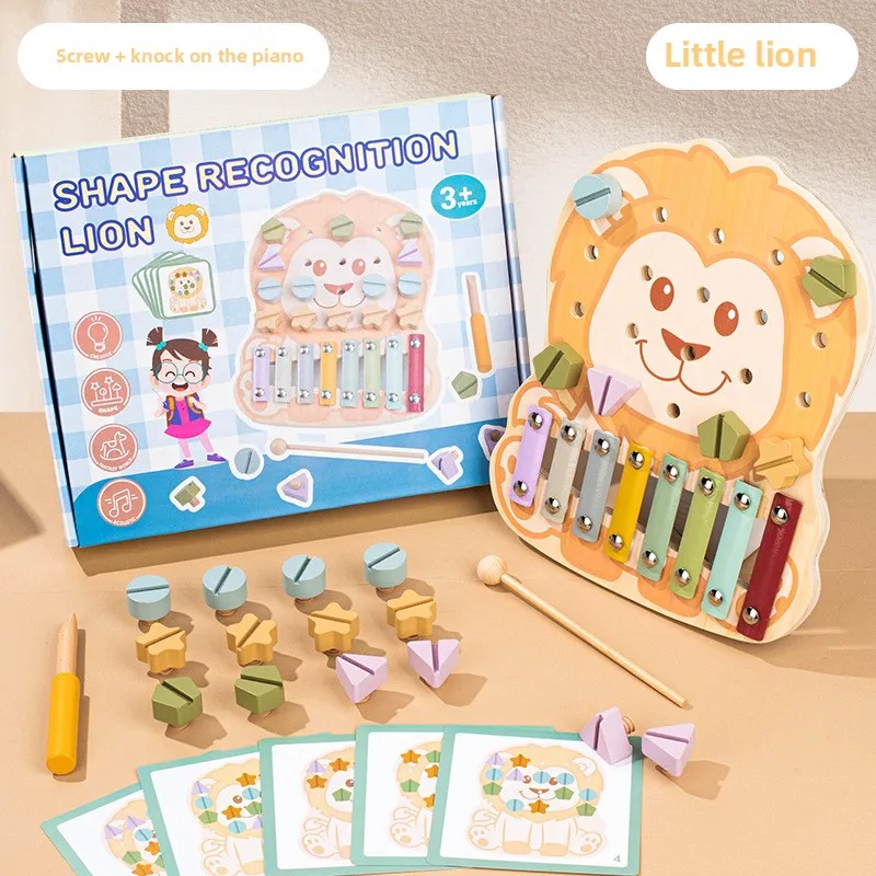 ODM Cartoon-Tiere Xylofon Montessori Feinmotorik-Förderung Pädagogisches Holzspielzeug Schraub- und Klopf-Piano Form EN71-zertifiziert Neu