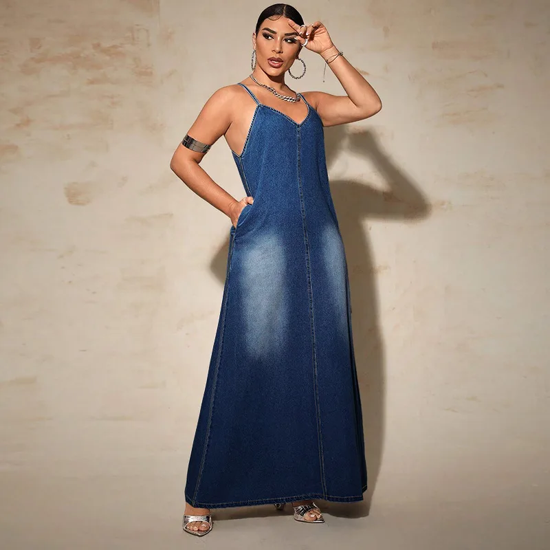 Plus Size Women's New Washed Streetwear Denim Suspender A-Line Long Dress factory