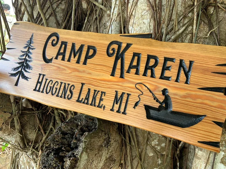 Wood Designer Wooden Design Pick Size and Font Wooden Carved Cabin Pine Trees Custom Camp Personalized Rustic Home Sign
