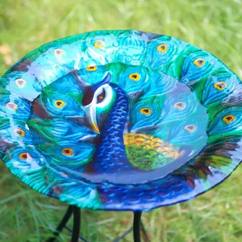 New Design Outdoor Decor Glass Bird Bath Bowl OEM Hand Painting Peacock Design Bird Bath Feeder