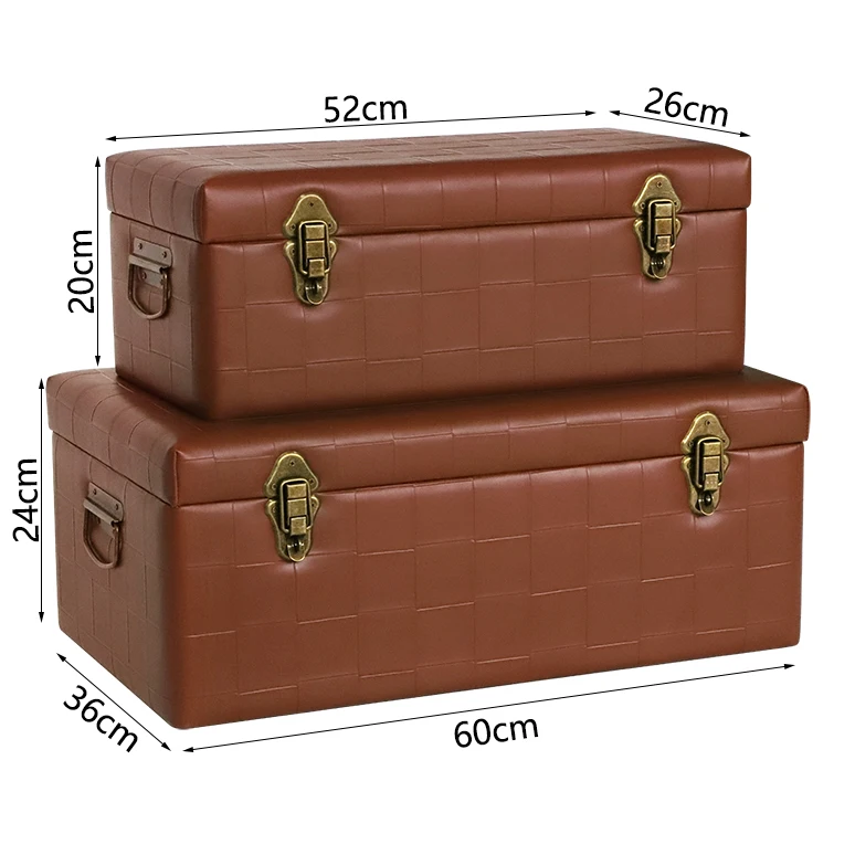 Set of 2 Brown Leather Trunks Pu Leather Trunks with Vintage Bronzed Metal Lock Accessory