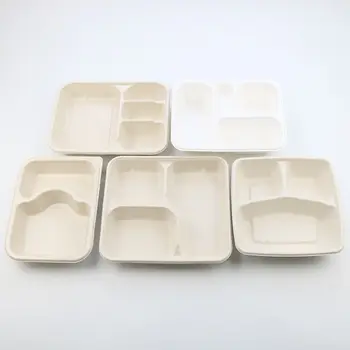 5 Compartment Greaseproof  Fast Food Tray Square Sugarcane Bio Degradable Bagasse Dinner Round Paper Plate For Party Restaurant