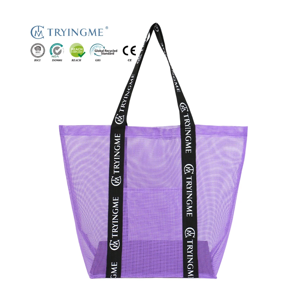 Custom Logo Large Capacity PVC Mesh Shopping Tote Fashion Black Net Fruit Vegetable Carrying Bag with Shoulder Strap