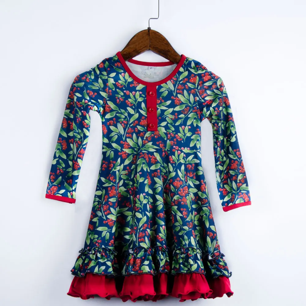 2022 Designs Winter Autumn Fall Infant Party Dresses Baby Frock Holly Twirl Floral Printed Girls New Year Kids Christmas Dress