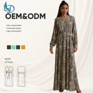 Handmade V-neck Casual Dress in India, Environmentally Friendly, Natural Waist, Breathable, Washable, Long Sleeved Casual