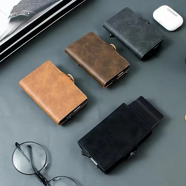 2023 Pop Wallet Minimalist Credit Card Holder RFID Blocking Mini Automatic Bounce Leather Metal Card Case