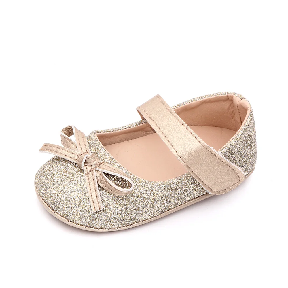 Spring and Summer New Sparkling Solid Color Glitter Bow Baby Girls Princess Walking Shoes factory