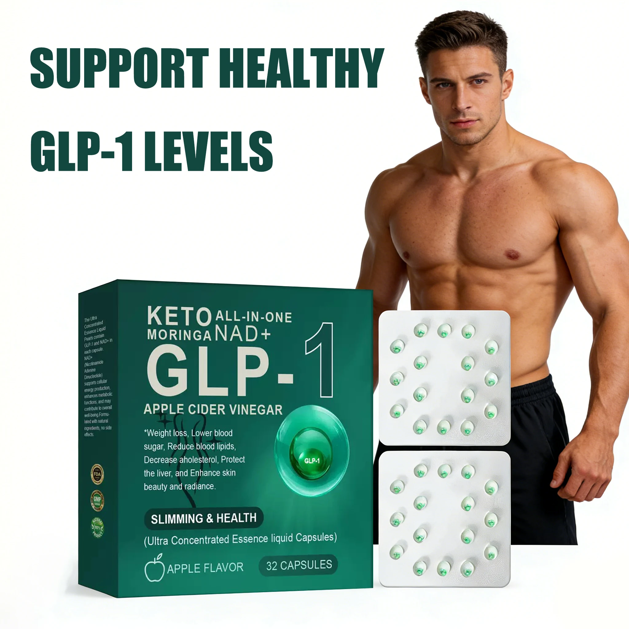 GLP-1 Moringa NAD+ Apple Cider Vinegar Slimming Capsules, Apple Flavor 32ct