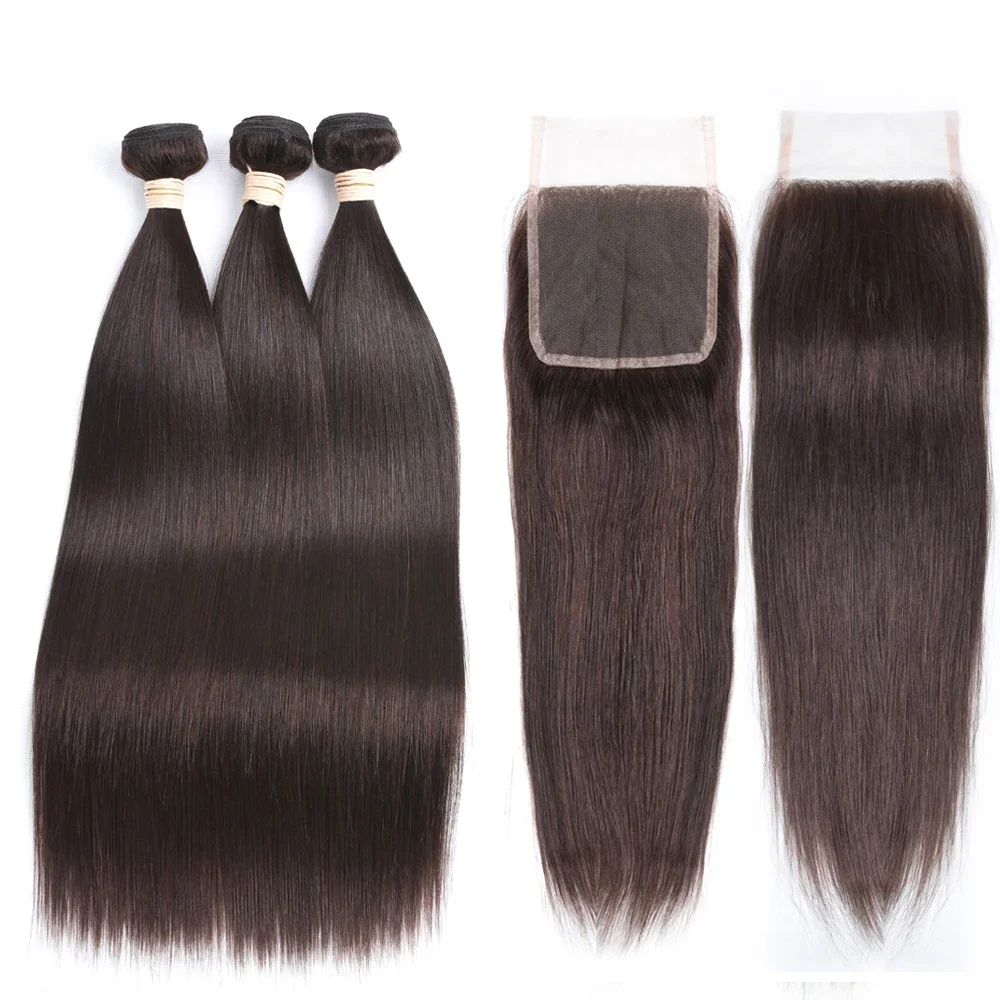 Dark Brown Peruvian Straight Human Hair Weave 3 Bundles with 4x4 Closure and Light Brown Hair Bundles with Closure_voghion.com
