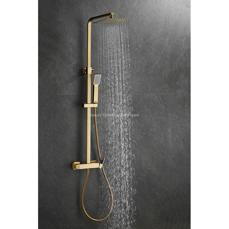 Luxurious Brushed Gold Hot and Cold Shower Set Wall-mounted Full Shower Set Multifunctional Brass square Shower Set