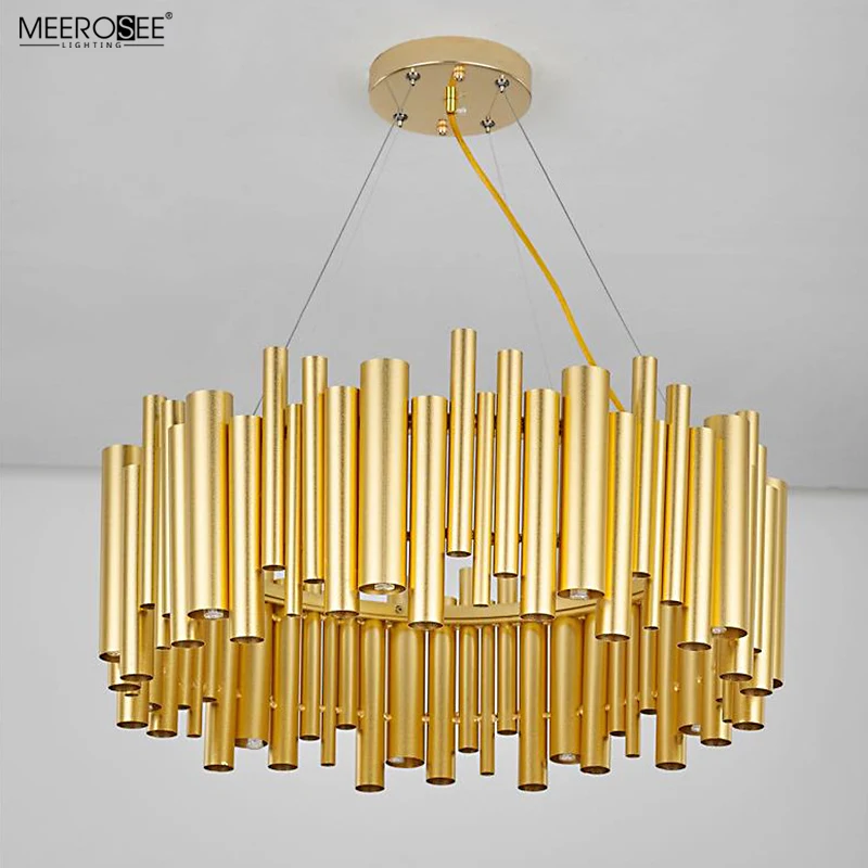 Meerosee Modern Luxurious Round Chandelier Aluminum Pendant Light Golden Color Tube Decor Light MD86760