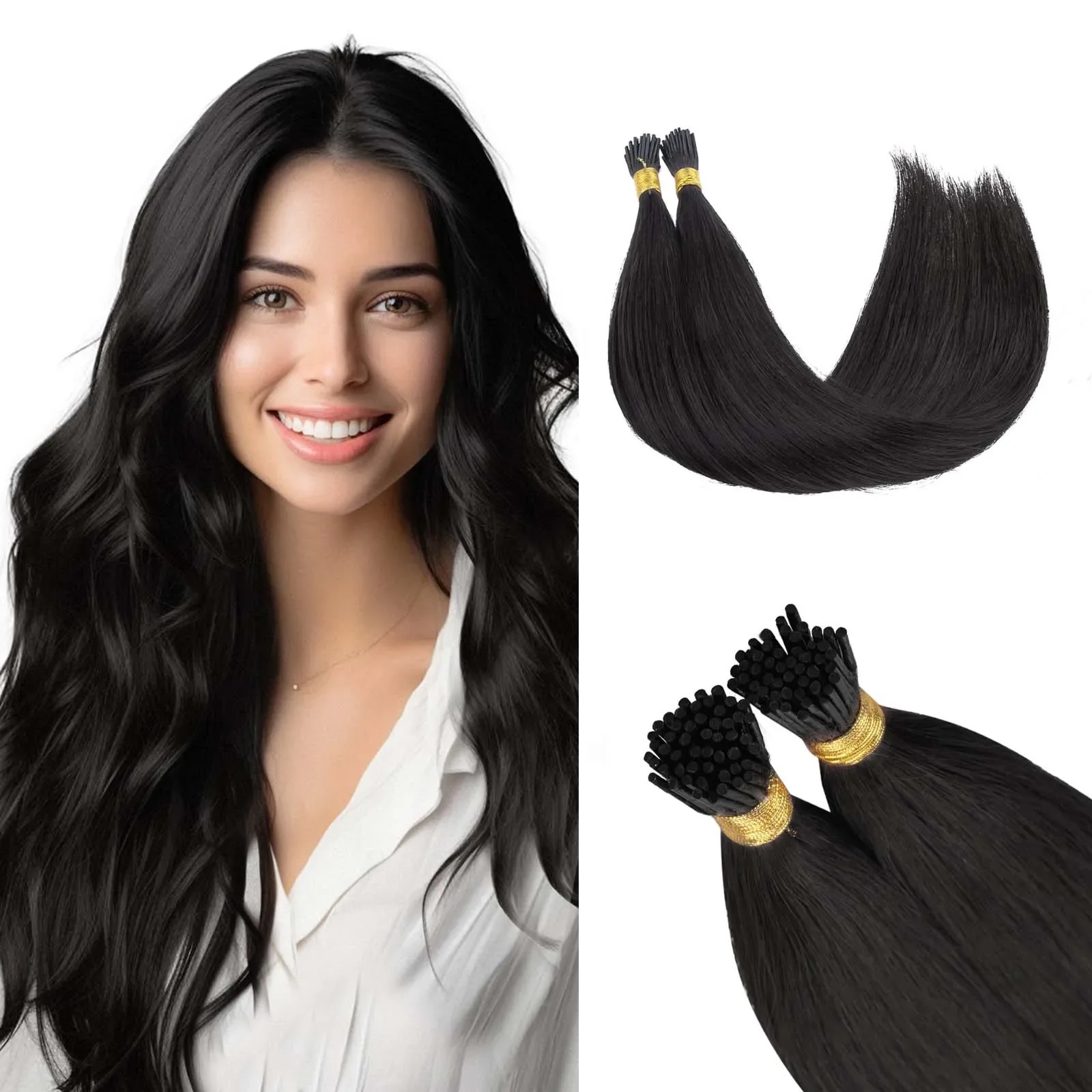 Glatte I-Tip-Haarverlängerungen, 100 % Echthaar, Nr. 1B, natürliche Farbe, Keratin-Kapsel-Fusion, 50 g/Packung, für Frauen_voghion.com