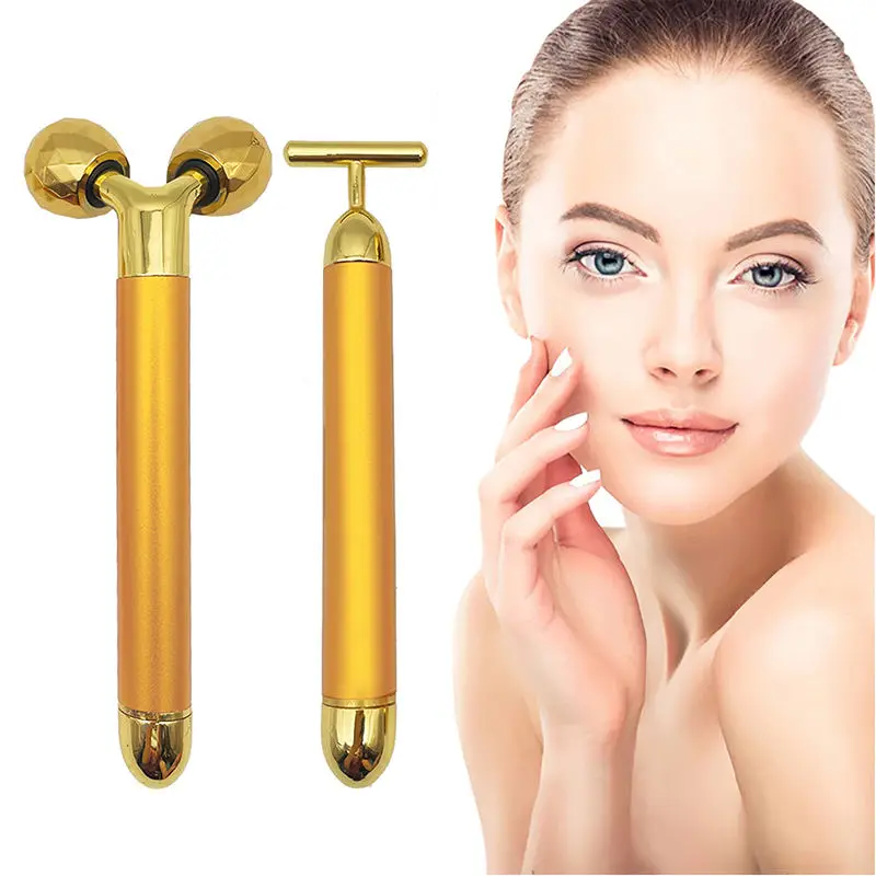 Facial Care Massage Stick Electric Vibration 24k Gold T Shape Stainless