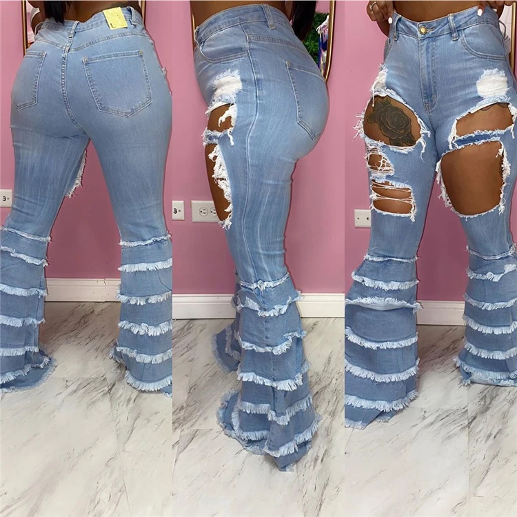 Good Design Solid Color Washed Ripped Cascading Splice New Ladies 2021 Clothing Womens Trousers Flared Jeans Pants