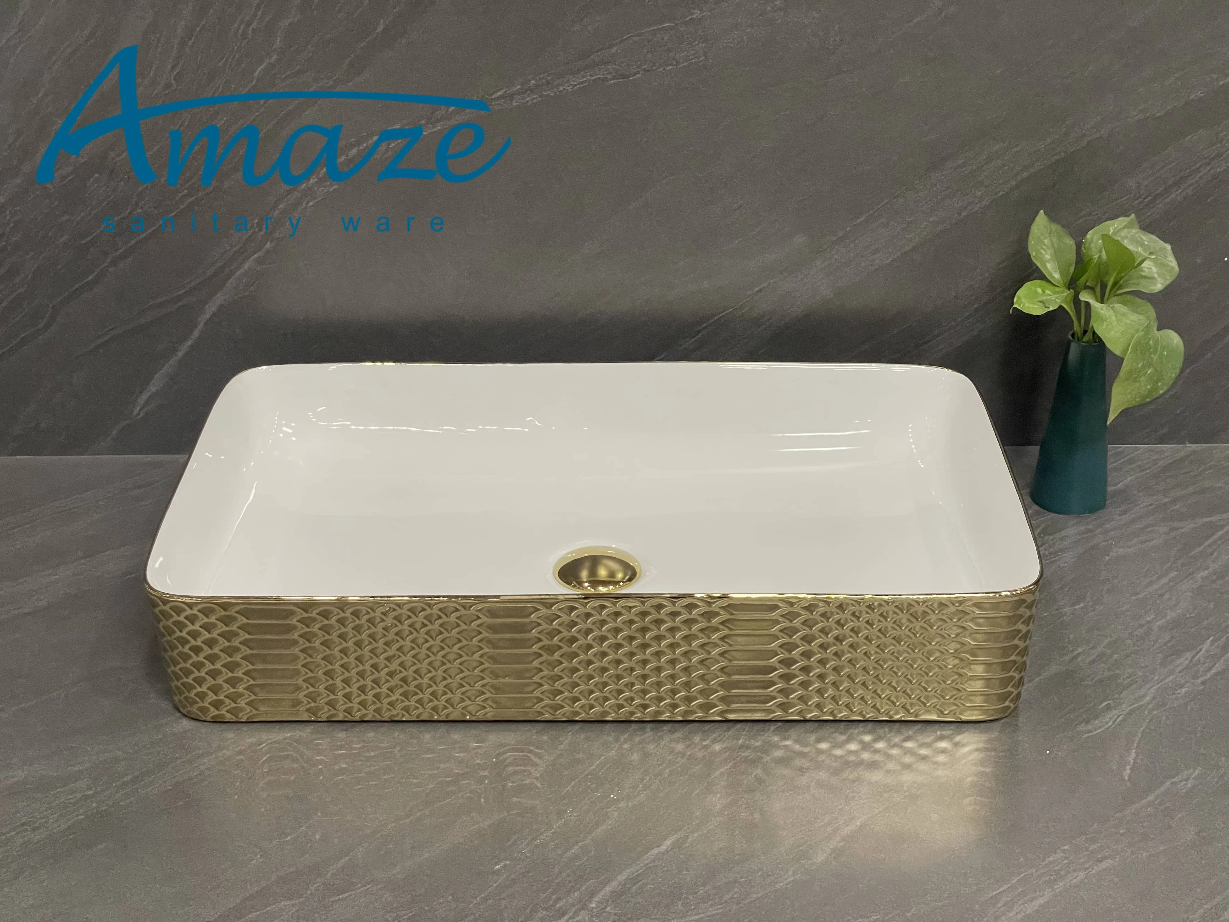 Gold rectangular countertop hand wash basin hotel bathroom luxury ceramic art basin sink details