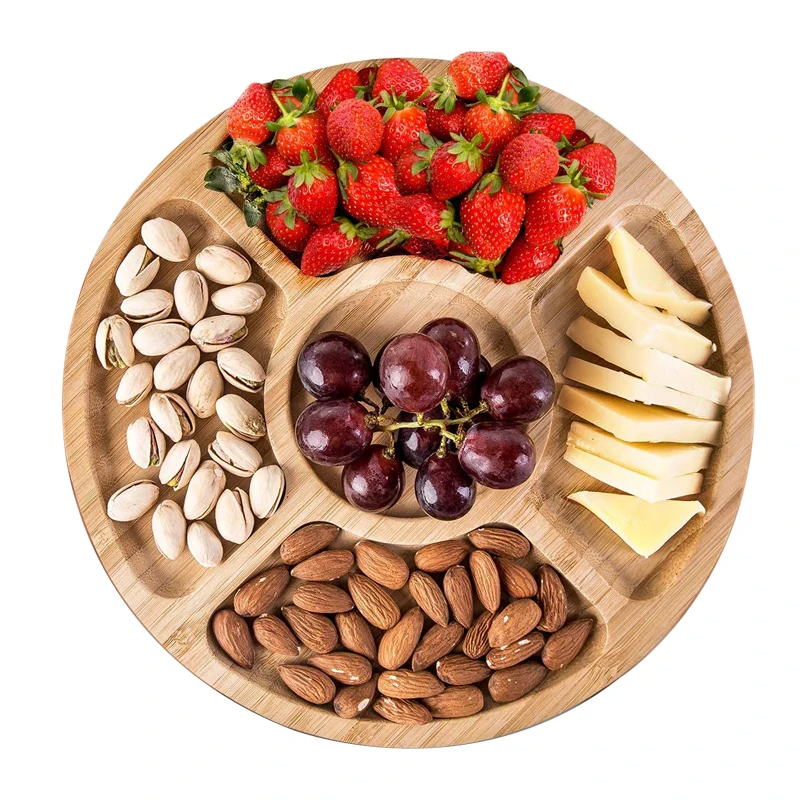 Bamboo Divided Serving Trays & Platters Round Fruit Tray 5 Compartments for Vegan, Kids, Snacks,Dried Fruits