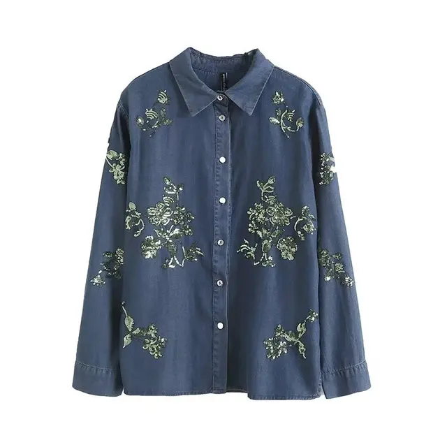ZT1075 Lapel sequin embroidered denim loose casual shirt