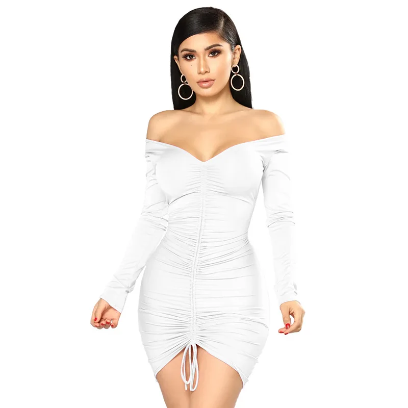 Off Shoulder Bodycon Ruched Dress Sexy Strapless Long-Sleeved Tight-Fitting  Dresses Drawstring Pleated Hip Short Mini Dress