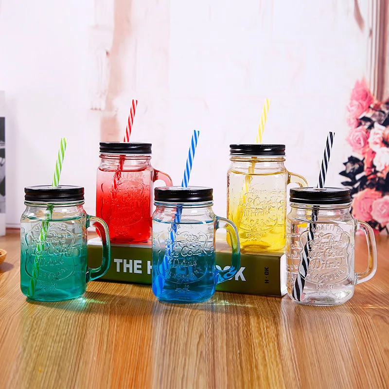 Wholesale 24oz Drinking Glass Mason Jars Mugs With Stainless Steel Straw Lid And Handles