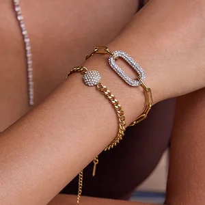 MW 18K PVD Gold-Plated Stainless Steel Waterproof Bracelet: Oval & Round Crystal Pave with Long Rectangle Design