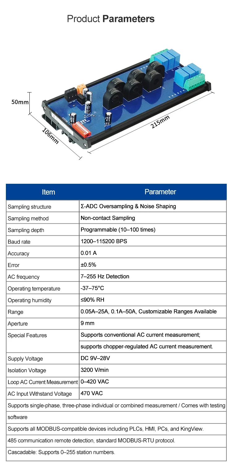 product huaqingjun 6 channel rs485 current voltage transformer detect module ac frequency 7 255hz detection modbus acquisition module714-3