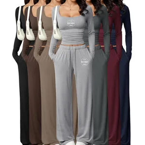 Custom Logo New 2026 Women Casual Pants Suit Square Collar Long Sleeve Short Top Women's Sportswear Tracksuit