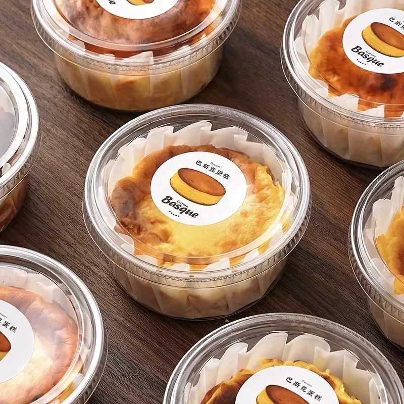 Crystal Transparent Hard PET Plastic Small Dessert Basque Cake Container Round Mousse Cake Packaging Box for Food Use